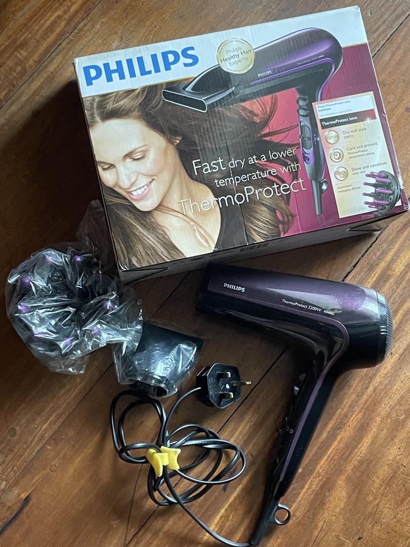 PHILIPS THERMOPROTECT 2200W IONIC HAIRDRYER, PURPLE (Category: Hair) located in Quezon City. Submitted by carsenmktg (Listing ID 1463715564, Image 2). Description: PHILIPS THERMOPROTECT 2200W IONIC HAIRDRYER, PURPLE Guaranteed authentic. Was a demo unit so it has some signs of use and handling. Light surface scratches but not that noticeable. Fully functional, no cracks, complete accessories and original box. Retailed originally for $250+. Philip