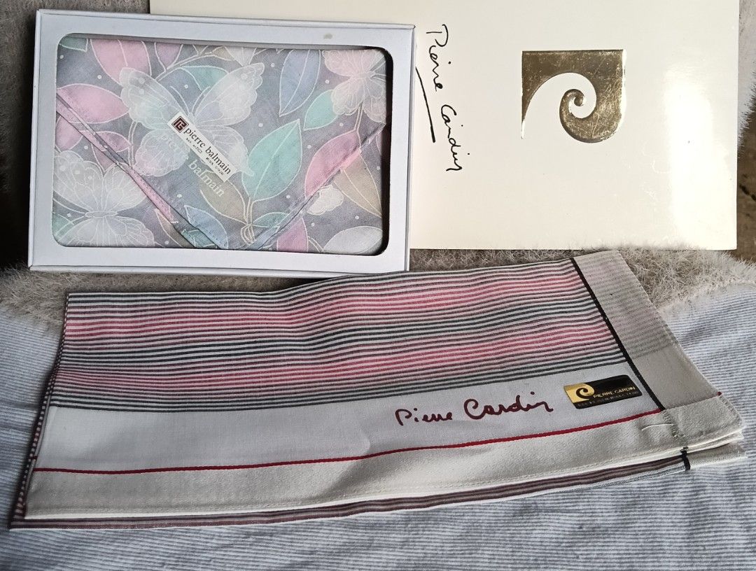 Pierre Cardin Handkerchiefs Set - 2 Designs (Category: Handkerchief & Pocket Squares) located in Antipolo. Submitted by vastgem_4c8da8 (Listing ID 1463579669, Image 1). Description: - Set of 2 authentic Pierre Cardin handkerchiefs. - Design 1: Delicate floral and butterfly print in pastel colors. - Design 2: Classic stripes in red, black, and grey. - Both come with original packaging and tags. - Ideal for gifting or personal use..