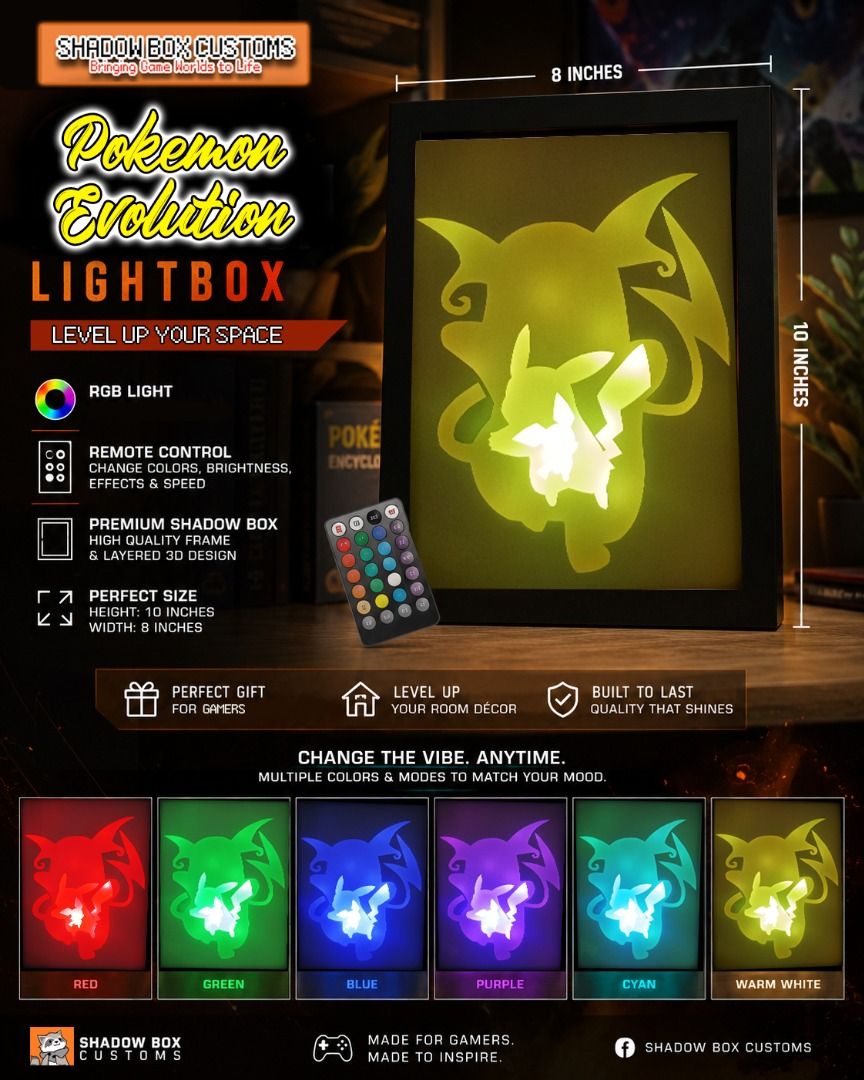 Pikachu Evolution Line Pokemon Lightbox (Category: Nintendo) located in Quezon City. Submitted by natzuki10 (Listing ID 1463589165, Image 2). Description: PTPA Pikachu Evolution Line Pokemon Lightbox Height: 10 inches Width: 8 inches Comes with remote control to change light & with more functions. *Handmade Lightboxes *Perfect for Gamers & Collectors #videogames #nintendo #roomdecor #collection #gamer #giftideas.