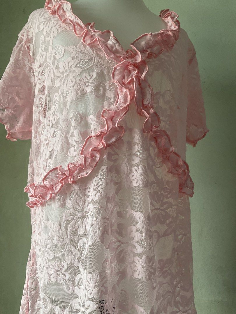 Pink Lace Top with Ruffles (Category: Sleeveless) located in Manila. Submitted by horangborahae (Listing ID 1463604209, Image 3). Description: - Adorable pink lace top - Short sleeves with delicate ruffle trim - Flattering V-neckline, also with ruffles - Sheer fabric - pair with a camisole or bralette - Ideal for stylish layering or a fun, playful outfit - Lightweight and airy for comfortable wear.