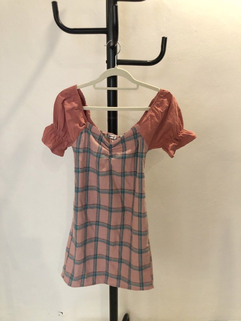 Pink Plaid Puff Sleeve Dress (Category: Dresses) located in Bulacan. Submitted by kkaye_ (Listing ID 1463639487, Image 1). Description: Cute pink plaid puff sleeve dress. Sweetheart neckline with tie. Short length, perfect for casual outings. Easy to pair with sneakers or sandals..