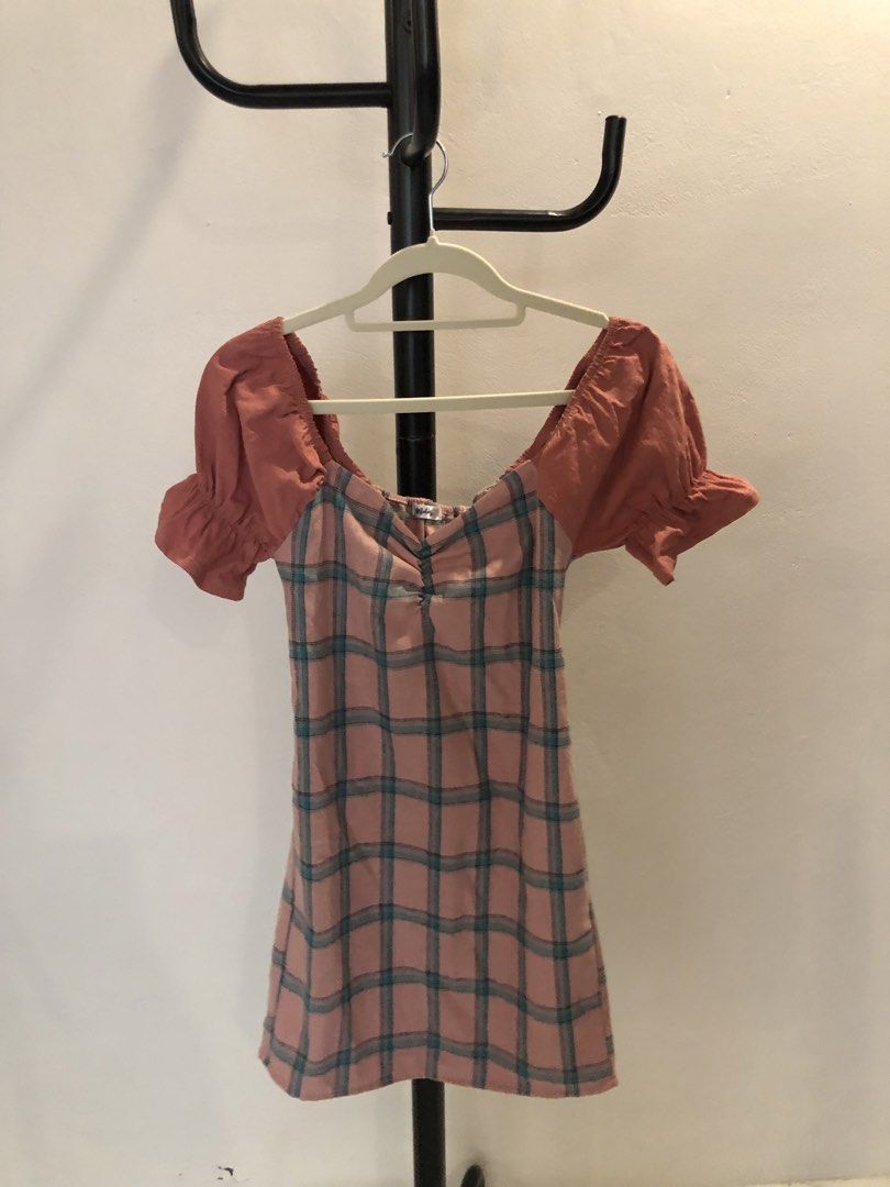 Pink Plaid Puff Sleeve Dress (Category: Dresses) located in Bulacan. Submitted by kkaye_ (Listing ID 1463639487, Image 2). Description: Cute pink plaid puff sleeve dress. Sweetheart neckline with tie. Short length, perfect for casual outings. Easy to pair with sneakers or sandals..