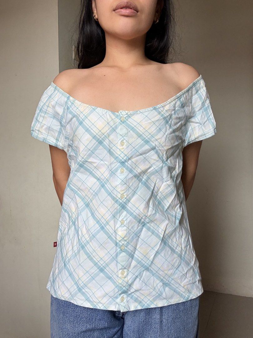 Plaid Off Shoulder Top (Category: Others Tops) located in Naga. Submitted by yzzzh (Listing ID 1463643255, Image 2). Description: for the soft girls not stretchable.