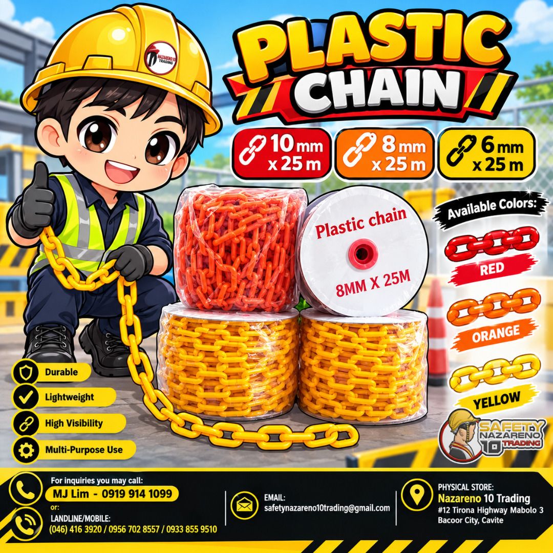 Plastic Chains (Category: Looking For) located in Bacoor. Submitted by zealmountain-375a (Listing ID 1463556946, Image 1). Description: 10 mm x 25 m 8 mm x 25 m 6 mm x 25 m Color: Red / Orange / Yellow.