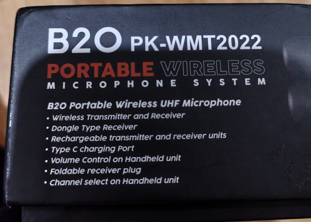 Platinum B20 PK-WMT2022 Portable Wireless UHF Microphone System (Category: Microphones) located in Bocaue. Submitted by arwinwengbart (Listing ID 1463565549, Image 1). Description: - Platinum B20 Portable Wireless UHF Microphone System - Includes wireless transmitter and dongle-type receiver - Both units are rechargeable with Type-C charging ports - Volume control directly on the handheld microphone - Foldable plug on the receiver for easy storag