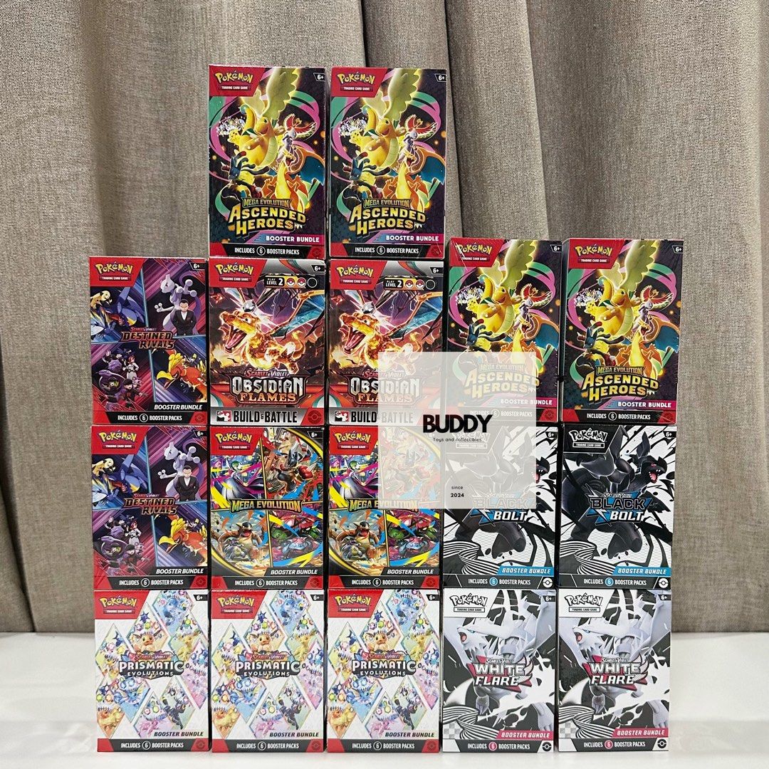Pokemon TCG Booster Bundle Build and Battle (Category: Card Boxes & Cases) located in Kawit. Submitted by buddytoys (Listing ID 1463672208, Image 1). Description: Mega Evolution SOLD Destined Rivals 5900 Ascended Heroes 5800 Prismatic Evolutions 6000 Black Bolt 6500 White Flare 6500 Obsidian flames build and battle 3500 .