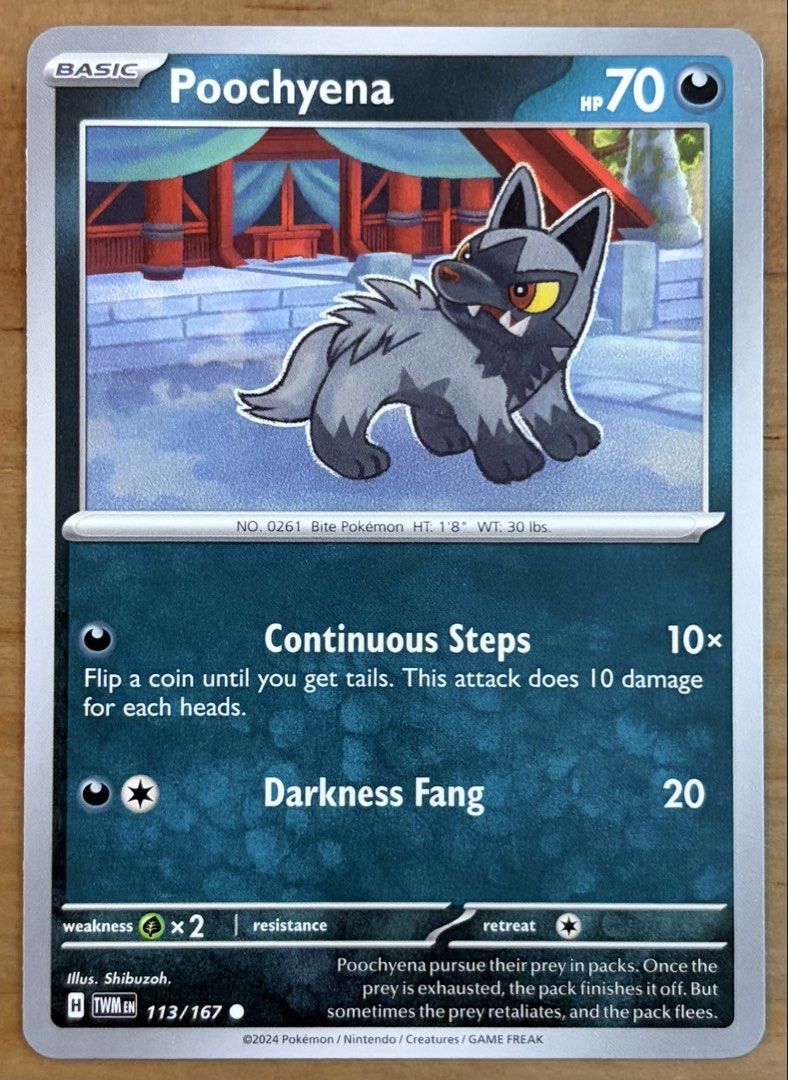 Poochyena | Pokemon Cards ~ Twilight Masquerade (Category: Raw Singles) located in Makati City. Submitted by cardlab (Listing ID 1463738939, Image 1). Description: Items are 💯 authentic/original/legit. About The Card: •Language: EN • Number: 113/167 • Common • Normal FOR: • Cards ₱99 and below with Card Sleeves • Cards ₱100 and up with Card Sleeves and Used Toploader • ₱10 for Bnew Tops Packaging (If Shipping): ✔️ Plastic cover ✔️ Cardboard ✔️ B