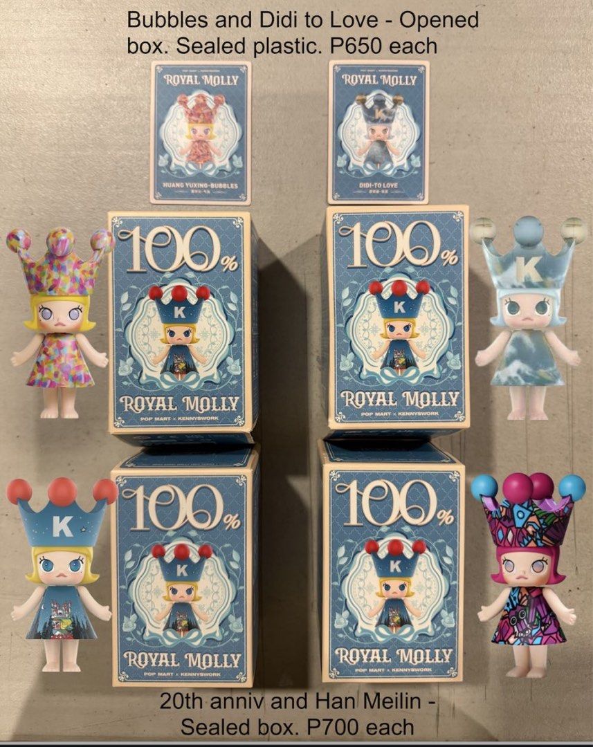 Pop Mart Royal Molly 100% (Category: Designer & Blind Box Toys) located in Quezon City. Submitted by mrs_pods_qc (Listing ID 1463705633, Image 2). Description: Opened box, sealed plastic P650 each - Bubbles - Didi-to Love Sealed box, unboxed on Popmart website only. P700 each - 20th Anniversary - Han Meilin Rfs: extras Price is fixed Pickup location near Banawe St. Quezon City.