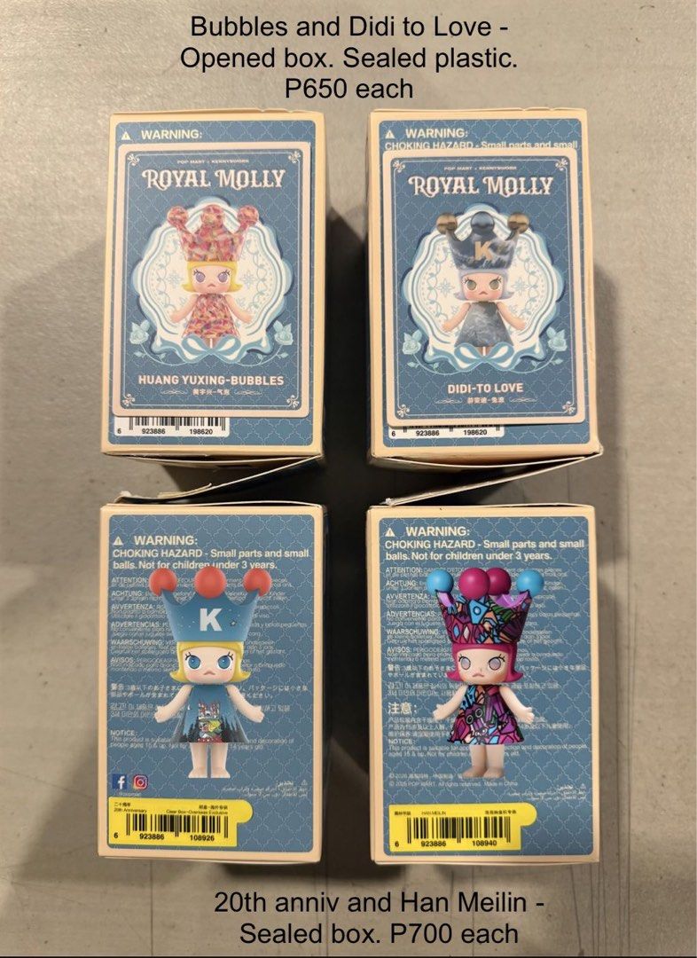 Pop Mart Royal Molly 100% (Category: Designer & Blind Box Toys) located in Quezon City. Submitted by mrs_pods_qc (Listing ID 1463705633, Image 1). Description: Opened box, sealed plastic P650 each - Bubbles - Didi-to Love Sealed box, unboxed on Popmart website only. P700 each - 20th Anniversary - Han Meilin Rfs: extras Price is fixed Pickup location near Banawe St. Quezon City.