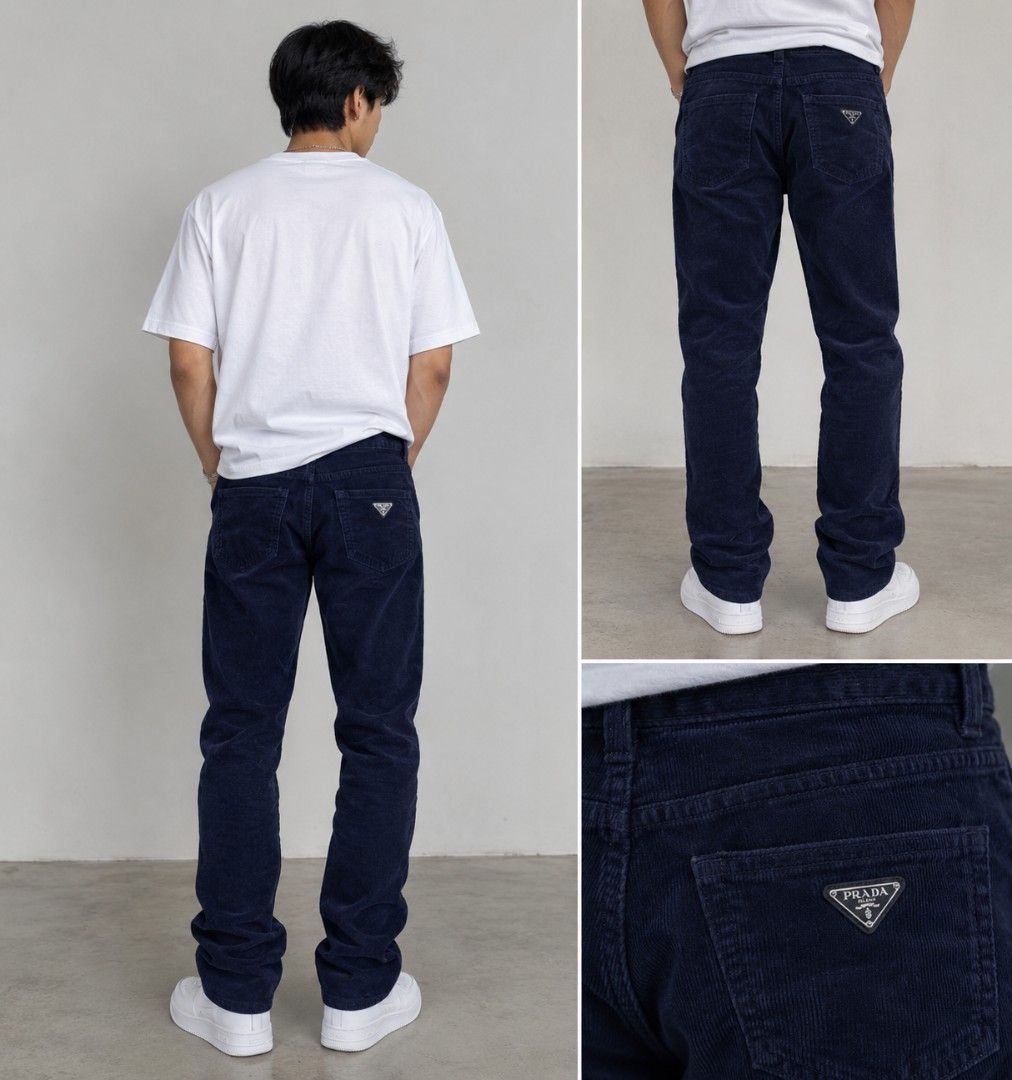 Prada Navy Blue Corduroy Pants (Category: Luxury Apparel) located in Tagoloan. Submitted by trueocean.8cd0d0 (Listing ID 1459829611, Image 1). Description: - Authentic Prada navy blue corduroy pants - Classic five-pocket design - Secure button and zip closure - Rich corduroy texture, perfect for casual outfits - Detailed buttons with Prada branding - Subtle Prada logo tag on the back pocket - length 42.5 - leg hole 7 inches - size 30 .