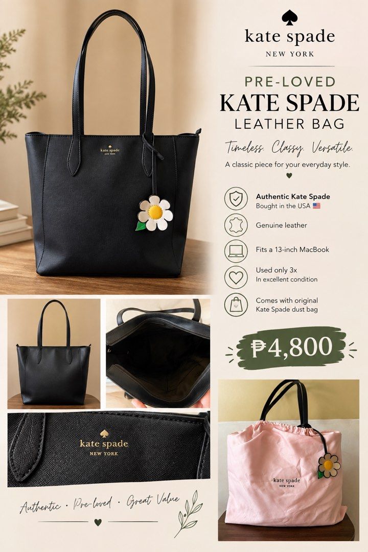 Pre-loved Kate Spade Leather Tote Bag (Category: Tote Bags) located in Pasay City. Submitted by jazjpnexchange (Listing ID 1463598971, Image 1). Description: ✨ Pre-Loved Authentic Kate Spade Tote Bag ✨ Price: ₱4,800 Condition: Excellent, pre-loved (used only 3x!) Origin: Bought from the US, 100% Original Inclusions: Comes with its original Kate Spade dustbag Details & Features: Material: Premium black leather with chic, structured design and a cu