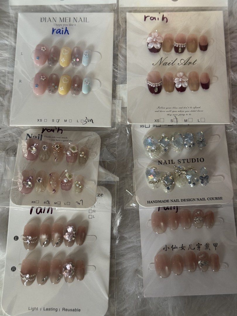 Press-On Nails ALL SMALL SIZE (Category: Hands & Nails) located in Malabon City. Submitted by kitzeune (Listing ID 1463577244, Image 2). Description: picture 1: 80 each picture 2: 80 each except for row 2 & 3, 90 ea — got this at tiktok live (og price is 130) — never been used — can send upclose pic if interested rfs: have too many.