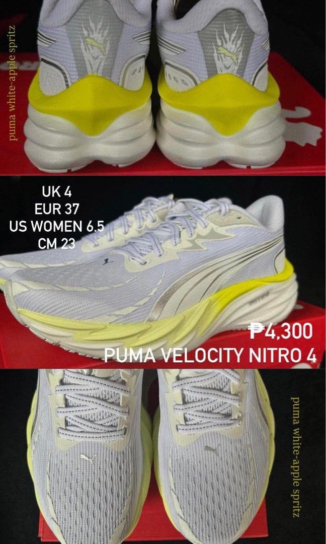 Puma Velocity Nitro 4 (Category: Sneakers) located in Cebu City. Submitted by theanthropologist (Listing ID 1463658621, Image 1). Description: Puma White-Apple Spritz Tailored for a narrower heel and secure midfoot lockdown, preventing slipping during daily training runs. Features a upgraded 100% NITROFOAM midsole that delivers high energy return while keeping the overall weight light. Equipped with PUMAGRIP outsole rubber for outstanding grip on