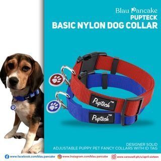PUPTECK Basic Nylon Dog Collar Designer Solid Adjustable Puppy Pet Fancy Collars with ID Tag (Category: Necklaces) located in Caloocan City. Submitted by blau.pancake (Listing ID 1463561029, Image 1). Description: - Adjustable fancy collars for puppies. - Made from durable basic nylon. - Includes a convenient ID tag. - Available in vibrant red and classic blue. - Perfect accessory for your beloved furry friend..