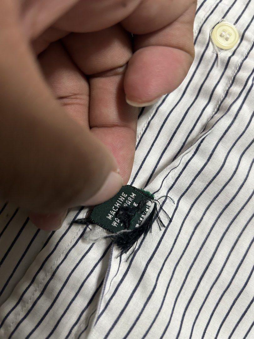 Ralph lauren pin stripe button down tri-color pony (authentic) (Category: Tshirts & Polo Shirts ) located in Trece Martires City. Submitted by flip_flips (Listing ID 1463707377, Image 3). Description: Ralph lauren pin stripe button down tri-color pony (authentic) -Dimes 24 width 30 length -Excellent condition -9.5/10 color rate -issue: 1 pinhole.
