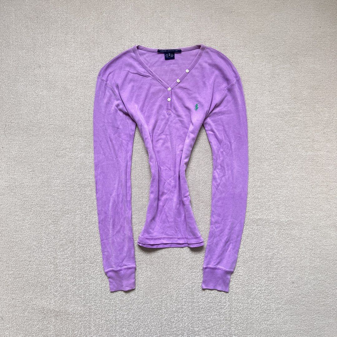 ralph lauren violet henley top (Category: Longsleeves) located in Limay. Submitted by budolfindsrawrawr (Listing ID 1463721028, Image 1). Description: ralph l4ur3n violet henley top - xs on tag l23.5 b32-34 - white small stain in right pits.