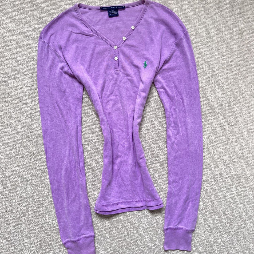 ralph lauren violet henley top (Category: Longsleeves) located in Limay. Submitted by budolfindsrawrawr (Listing ID 1463721028, Image 2). Description: ralph l4ur3n violet henley top - xs on tag l23.5 b32-34 - white small stain in right pits.