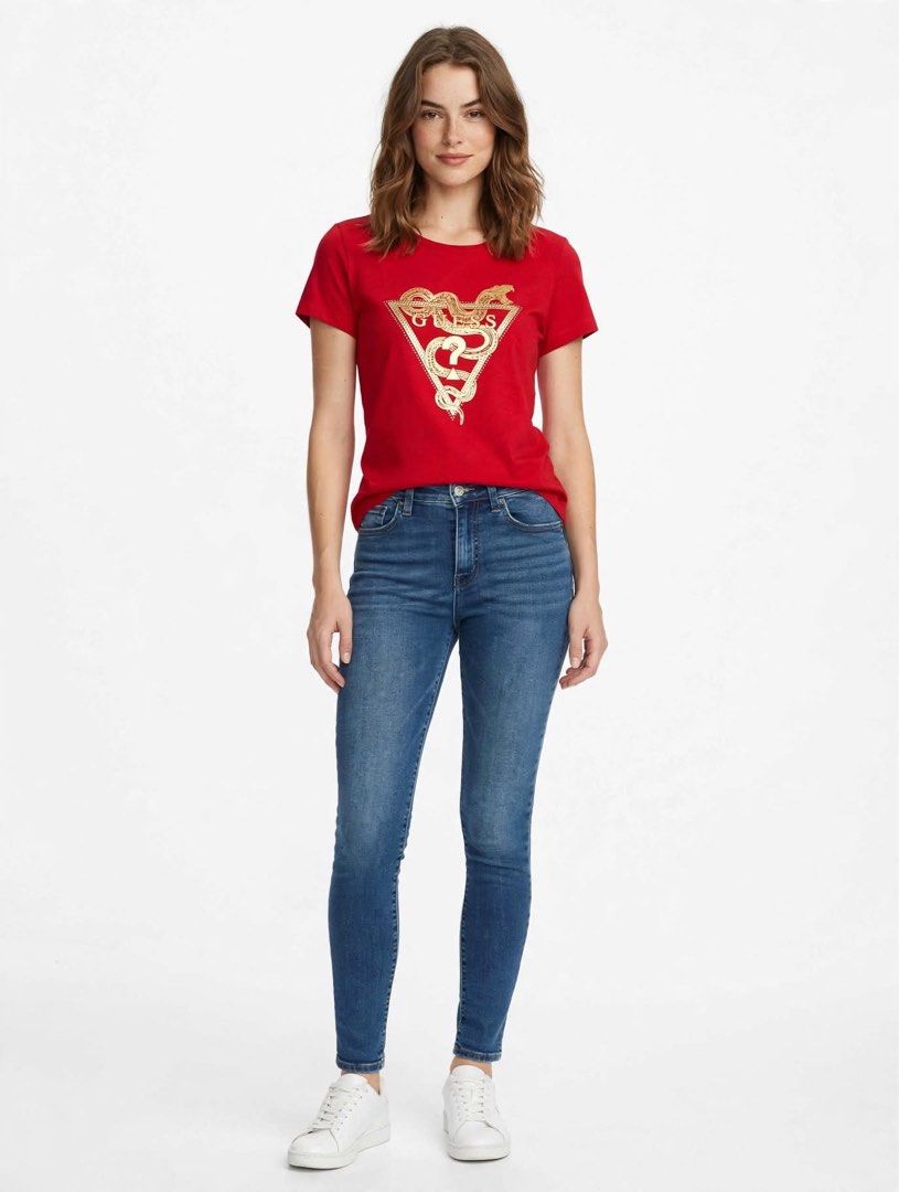 Red Guess Snake Logo T-Shirt (Category: Shirts) located in Cavite. Submitted by luxxe.muse (Listing ID 1463607159, Image 3). Description: - Red Guess T-shirt - Features a gold snake and rhinestone logo - Made with 50% organic cotton - Ideal for casual wear - Pairs well with jeans or shorts - Bust 34-36.