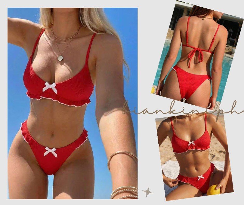 Red Ribbed Bikini with White Bow and Ruffle Trim (Category: Bikinis & Swimsuits) located in Las Pinas. Submitted by kathybianca (Listing ID 1463590887, Image 1). Description: - Cute red bikini set - Ribbed texture with white trim and bow details - Adjustable straps and tie-back closure - Ideal for beach days or pool parties - Comfortable and stylish design.