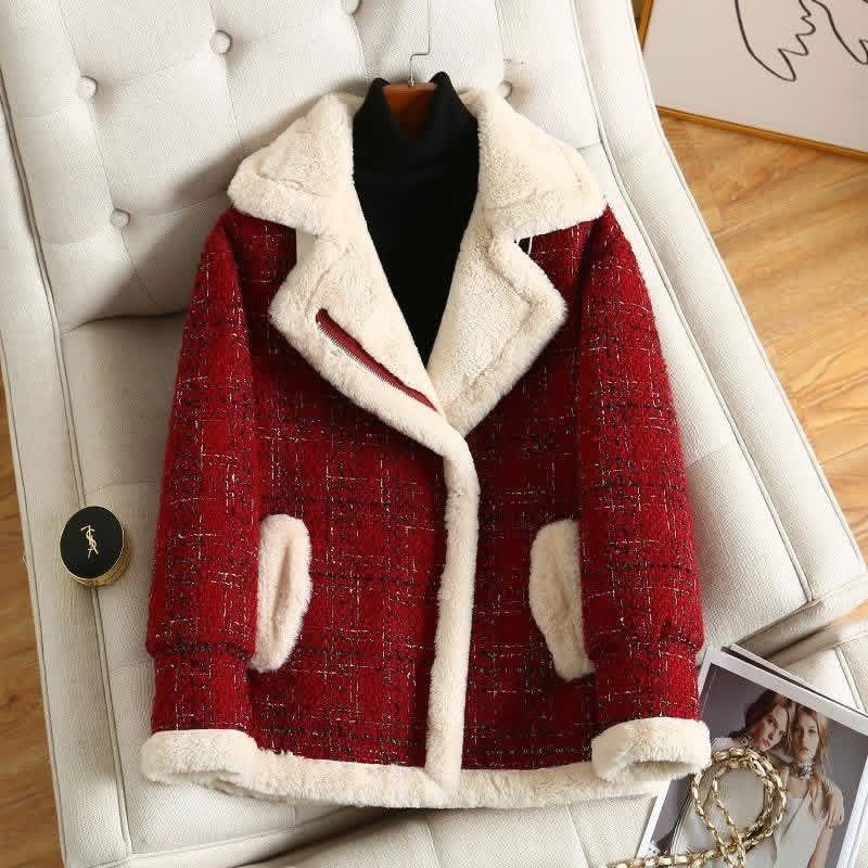 Red Tweed Winter Jacket/Blazer (Category: Coats, Jackets and Outerwear) located in Quezon City. Submitted by cozykath (Listing ID 1463680223, Image 3). Description: featuring white faux-fur or sherpa trim on the lapels, pockets, and hem.