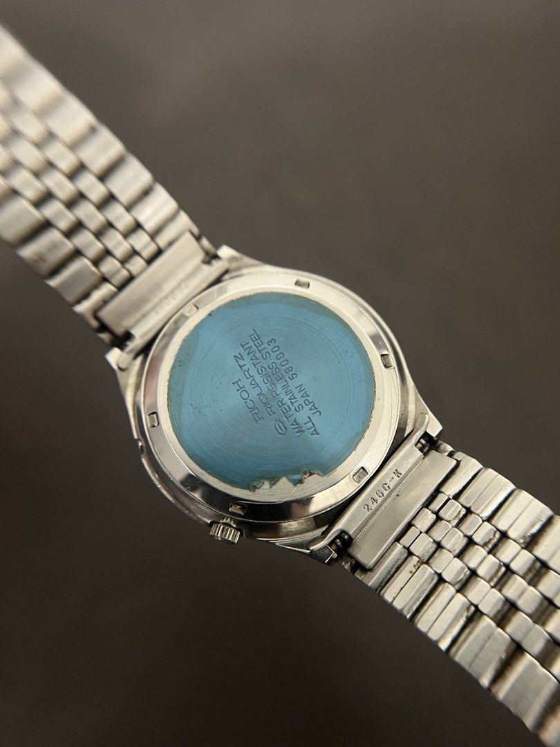 Ricoh Riquartz Blue Dial Day-Date Watch – Ref. 580003 (Category: Men's Watches) located in Quezon City. Submitted by bobby.brown. (Listing ID 1463667283, Image 2). Description: Ricoh Riquartz Blue Dial Day-Date Watch – Ref. 580003 Estimated BMBY: August 1980 An exceptional vintage Japanese quartz dress watch by Ricoh, featuring a sleek, integrated stainless steel case paired with its original multi-link Jubilee-style bracelet. The sharp blue dial