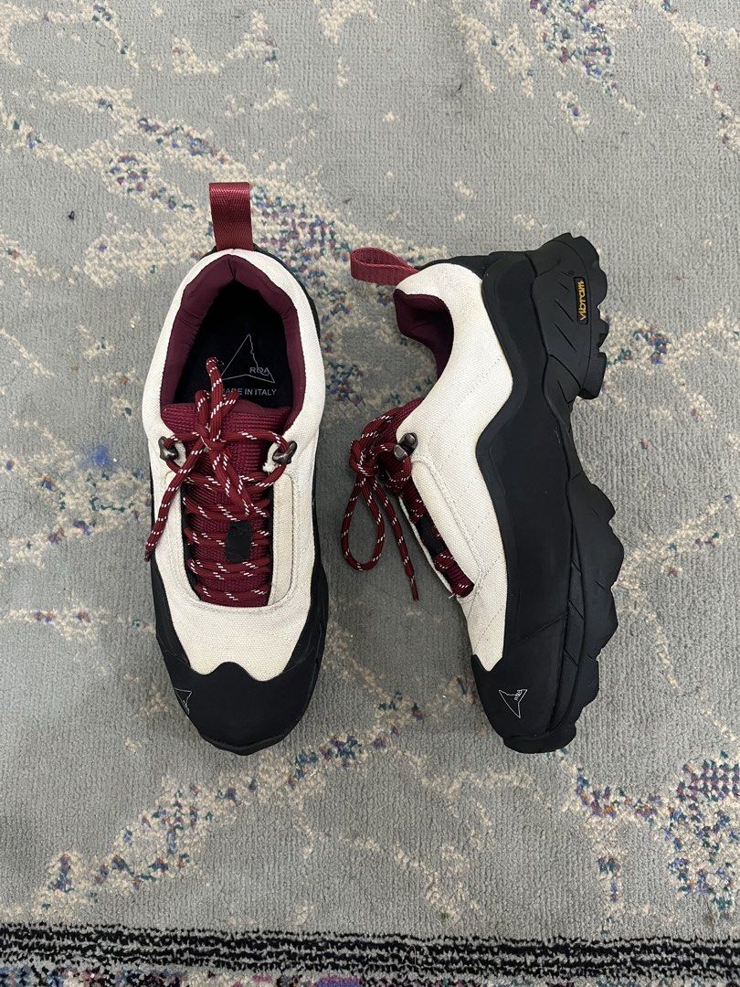 Roa katharina (Category: Sneakers) located in Makati City. Submitted by thankyoupayme (Listing ID 1463639033, Image 1). Description: - ROA hiking sneakers - Color: Cream and black - Accents: Burgundy laces and inner lining - Sole: Vibram for superior grip - Origin: Made in Italy - Features: Super comfy and stylish - Versatile: Perfect for hiking trails or city walks.