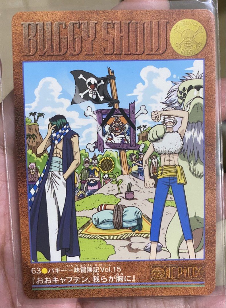 Robin (Category: Raw Singles) located in Davao. Submitted by bagrealm (Listing ID 1463741372, Image 1). Description: - Authentic 2000 Buggy Show One Piece Visual Adventure card. - Features popular characters: Luffy and Robin. - Part of the 'Buggy's Treasure Adventure Vol. 15' series. - A must-have collectible for any One Piece fan..