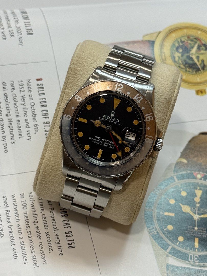 ROLEX GMT 1675 PEPSI (Category: Luxury Watches) located in Makati City. Submitted by daviddd26 (Listing ID 1463715226, Image 1). Description: For Sale A distinguished example of one of Rolex’s most iconic vintage references. Dating to 1973, this GMT-Master 1675 carries the character that makes vintage Rolex so special. The aged black dial, warm patina, and naturally faded bezel insert give this piece a distinctive presence shaped by more than fiv