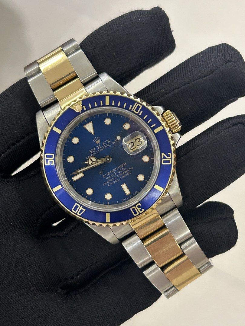 Rolex Submariner Two Tone Bluesy (Category: Luxury Watches) located in Quezon City. Submitted by olivertomtecson8 (Listing ID 1463696416, Image 1). Description: BEST DEAL❗️ Rolex Submariner Two Tone Bluesy • REF # 16613 • L serial • Diameter : 40MM • All original • Blue Dial / Bezel • 10 Links Comes with Original Double Box, Manuals and Authentication Receipt by Yourtime Center. Asking Price : 499,000 ONLY QUEZON CITY.