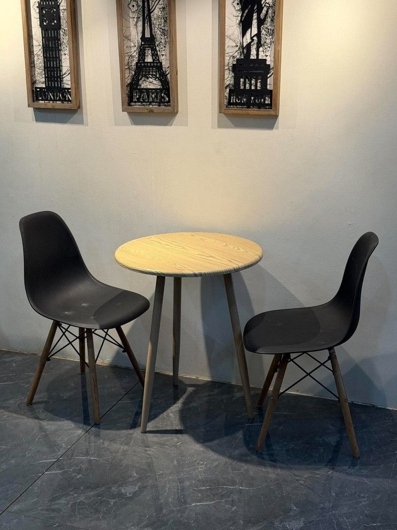 Round Wood Grain Table with 2 Black Chairs (Category: Tables & Sets) located in Quezon City. Submitted by kcofficefurnitures (Listing ID 1463709714, Image 3). Description: 🖤 ROUND TABLE & 2 CHAIRS SET Modern Round Table with 2 Dining/Accent Chairs Perfect for small dining areas, cafés, coffee shops, office pantry, reception areas, condos, and home spaces. Simple and elegant ang design, kaya madaling i-match sa iba't ibang interiors. ✨ SET INCLUD