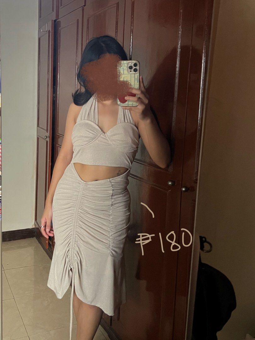 Ruched Halter Neck Cut-out Dress (Category: Dresses) located in Bacoor. Submitted by jazzgtrrz (Listing ID 1463644241, Image 1). Description: - Beige ruched halter neck dress - Features a stylish waist cut-out detail - Drawstring on the skirt for adjustable length - Ideal for a night out or special occasions - Comfortable and flattering fit.