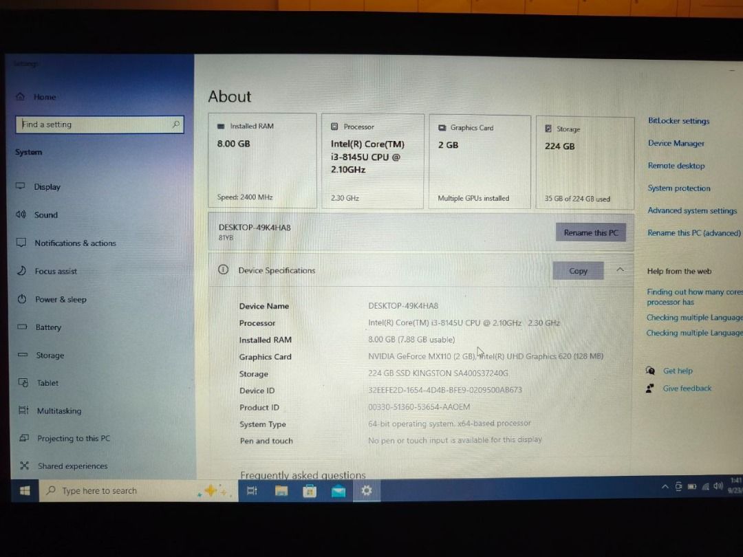 RUSH!! RUSH! (Category: Laptops & Notebooks) located in Manila. Submitted by espejosair82229 (Listing ID 1463644423, Image 3). Description: V14-IWL Laptop (Lenovo) - Type 81YB 📌 Specs: • Model: V14-IWL Laptop (Lenovo) - Type 81YB • Processor: Intel(R) Core(TM) i3-8145U CPU 2.10GHz • Graphics: NVIDIA GeForce MX110 2GB + Intel(R) UHD Graphics 620 (128MB) • Storage: 256GB SSD KINGSTON • Display: 14” Full HD • OS: Windows 10 Pro 📌 Condition: ✅ Used