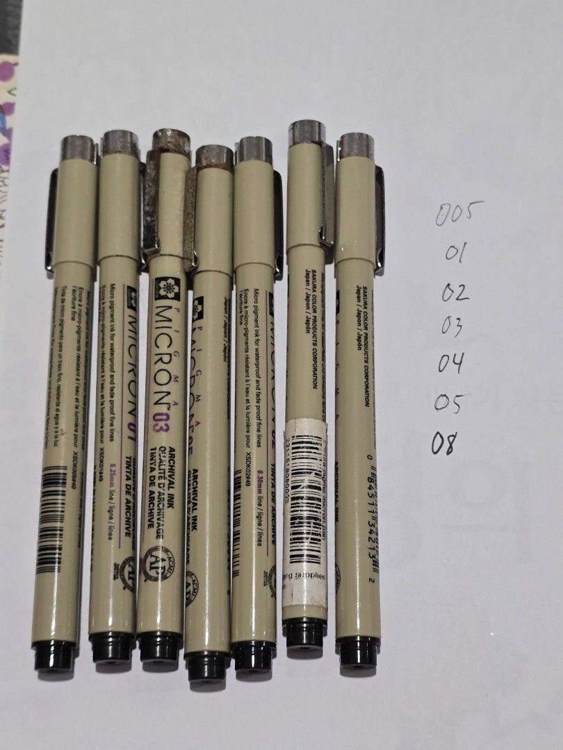 Sakura Pigma Micron Pen Set 005 to 08 (Category: Stationery & School Supplies) located in Taguig. Submitted by altainfante (Listing ID 1463619819, Image 2). Description: - Set of Sakura Pigma Micron Pens - Includes sizes: 005, 01, 02, 03, 04, 05, 08 - Features archival, waterproof, and fade-proof ink - Ideal for drawing and writing.