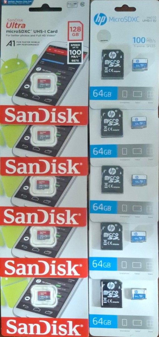 SANDISK + HP SD Cards (Category: Memory & SD Cards) located in Manila. Submitted by jacobsarmi93619 (Listing ID 1463719370, Image 1). Description: FS: Brand New SD Card Bundle 5x - 128GB San Disk 5x - 64GB HP PRICE: 7k LOC: PARANAQUE .