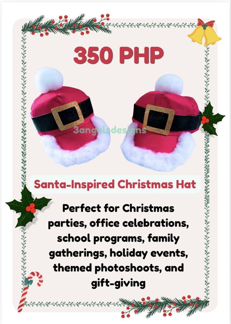 Santa-Inspired Christmas Hat (Category: Caps & Hats) located in Quezon City. Submitted by heavenberry (Listing ID 1463612030, Image 1). Description: 🎄✨ Spread some Christmas cheer with our Santa-Inspired Christmas Hats! 🎅❤️ Perfect for Christmas parties, office celebrations, school programs, family gatherings, holiday events, themed photoshoots, and gift-giving! 🎁 🎅 Only 350 each! Make your holiday photos and celebrations extra festive! ❤️💚 