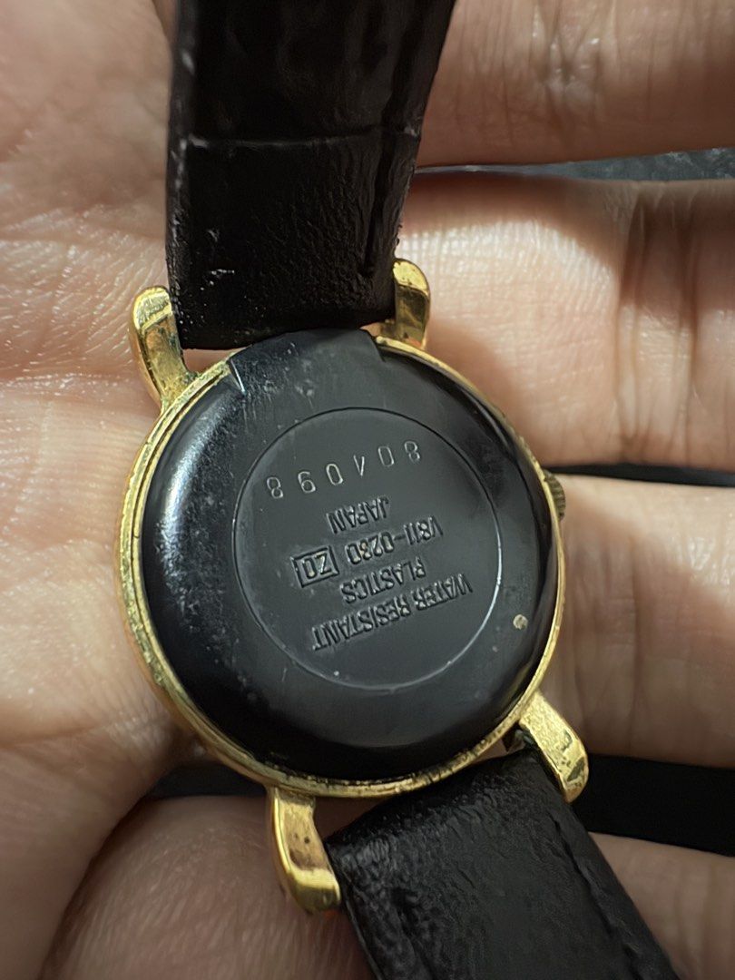 Seiko Alba Quartz (Category: Women's Watches) located in Quezon City. Submitted by rentoti (Listing ID 1463568456, Image 3). Description: - Brand: Seiko Alba - Movement: Quartz - Design: Features a charming bunny graphic on the dial - Case: Gold-tone - Strap: Black leather - Condition: Pre-loved, with visible signs of wear - Origin: Japan (as indicated on the case back).