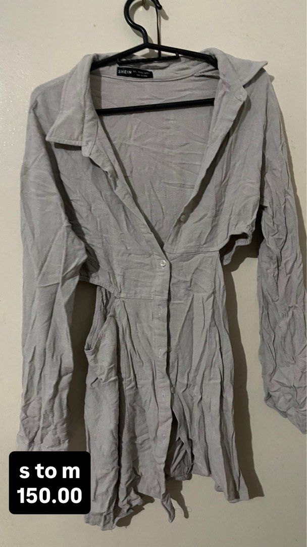 SHEIN Grey Cut-out Button-Down Shirt Dress (Category: Dresses) located in Manila. Submitted by nhatzgold (Listing ID 1463686635, Image 1). Description: - SHEIN Grey Shirt Dress - Size: S to M (fits both) - Features: Waist cut-out detail, button-down front, side pockets - Price: P150.00.