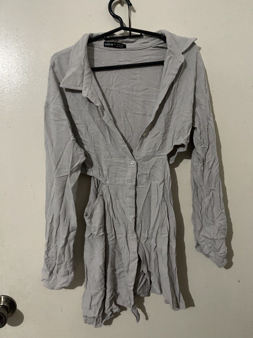 SHEIN Grey Cut-out Button-Down Shirt Dress (Category: Dresses) located in Manila. Submitted by nhatzgold (Listing ID 1463686635, Image 2). Description: - SHEIN Grey Shirt Dress - Size: S to M (fits both) - Features: Waist cut-out detail, button-down front, side pockets - Price: P150.00.