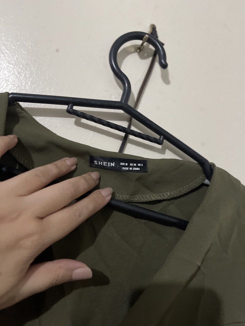 SHEIN Olive Green Wrap Dress (Category: Dresses) located in Manila. Submitted by nhatzgold (Listing ID 1463691889, Image 2). Description: Cute. Pang office.