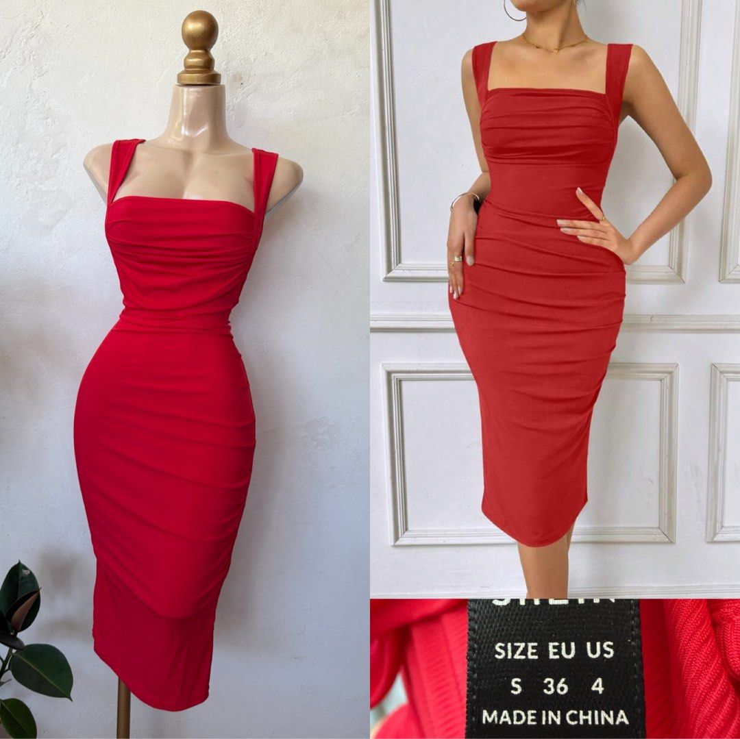 SHEIN Red Ruched Bodycon Midi Dress (Category: Dresses) located in Santa Rosa. Submitted by martess (Listing ID 1463674041, Image 1). Description: - Red ruched midi dress from SHEIN - Features a square neckline and thick straps - Bodycon fit with flattering side ruching - Midi length - Ideal for a night out or special occasion - Size: Small (S).