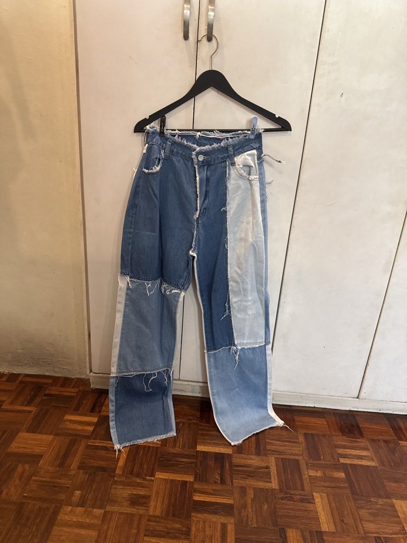 SHEIN Women Patchwork Denim Jeans Size L (Category: Jeans) located in Manila. Submitted by andromedanny (Listing ID 1463612097, Image 1). Description: - SHEIN patchwork denim jeans - Unique design with different washes - Frayed edges for a trendy look - High-waisted style - Perfect for a statement outfit - Size: L on tag (but I wore these when I was Size S and it fits perfectly!).