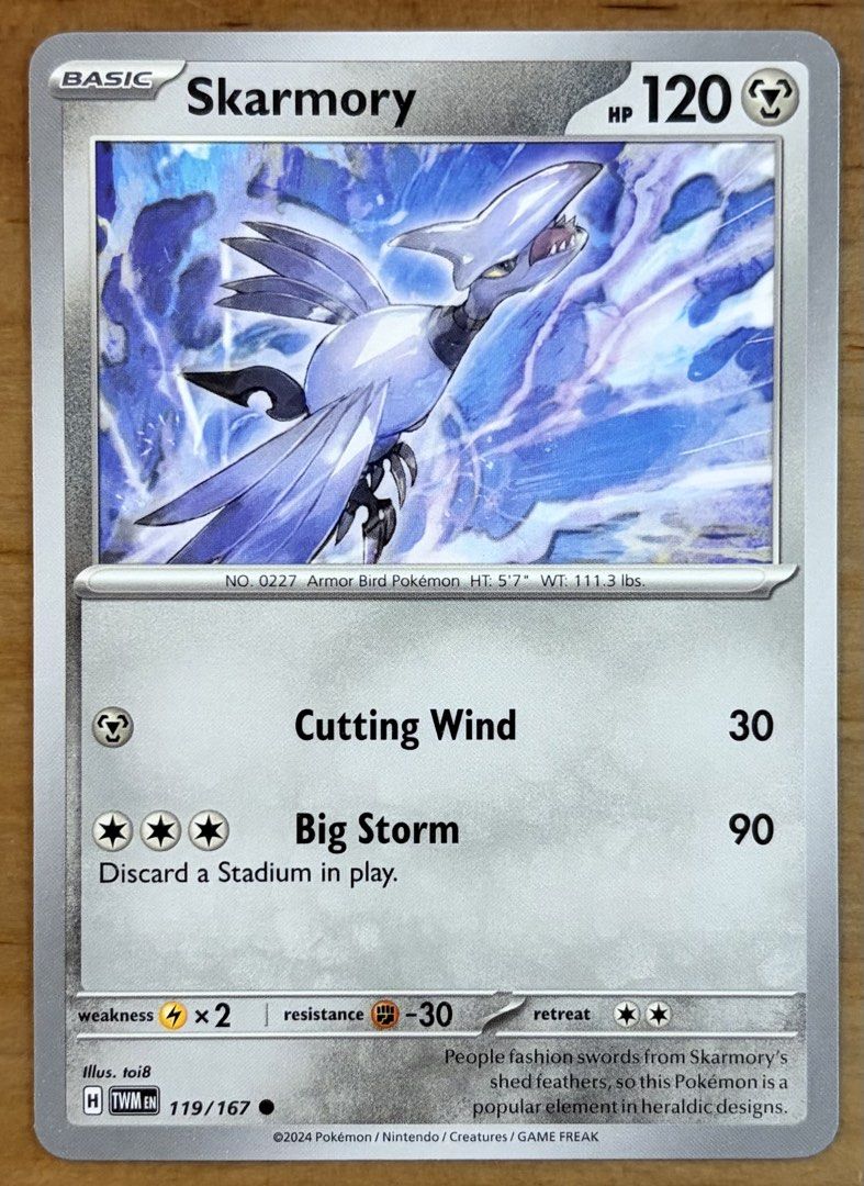Skarmory | Pokemon Cards ~ Twilight Masquerade (Category: Raw Singles) located in Makati City. Submitted by cardlab (Listing ID 1463739232, Image 1). Description: Items are 💯 authentic/original/legit. About The Card: •Language: EN • Number: 119/167 • Common • Normal FOR: • Cards ₱99 and below with Card Sleeves • Cards ₱100 and up with Card Sleeves and Used Toploader • ₱10 for Bnew Tops Packaging (If Shipping): ✔️ Plastic cover ✔️ Cardboard ✔️ Bu