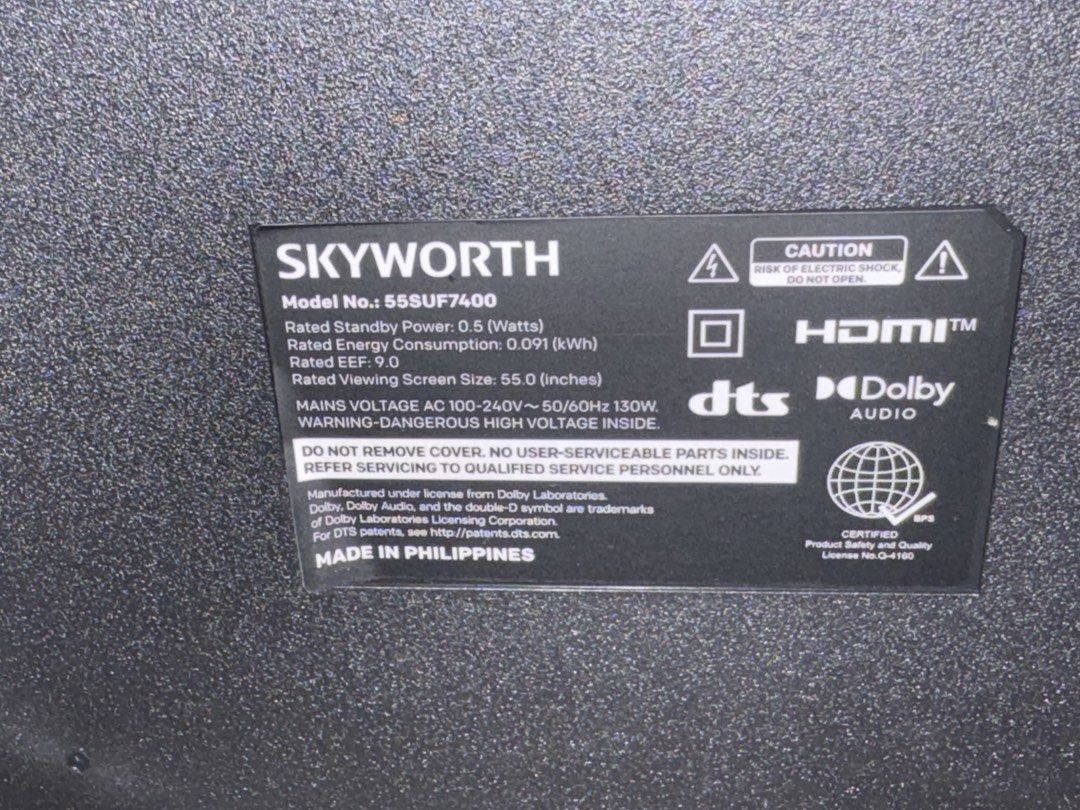 Skyworth 55" Smart Google TV 55SUF7400 (Category: TV) located in Caloocan City. Submitted by truebear.6c556c (Listing ID 1463563596, Image 2). Description: - Skyworth 55-inch Smart TV - Model: 55SUF7400 - Powered by Google TV - Access popular apps: Netflix, YouTube, Disney+, Prime Video - Ideal for streaming and gaming - Proudly made in the Philippines.