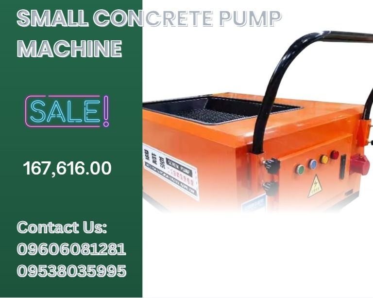 Small Concrete Pump Machine (Category: Everything Else Others) located in Caloocan City. Submitted by 09513227950 (Listing ID 1463610901, Image 1). Description: Model 10 — Electric Concrete Pump- 167,616 1.Motor: 4108 2.Motor power: 7.5 kW 3.Pumping capacity: 5-6 m³/h 4.Horizontal delivery distance: 15 m 5.Vertical delivery height: 15 m 6.variable frequency drive 7.Total weight: 140 kg 8Voltage:110V 220V 9.Dimensions: 850 × 550 × 650 mm 10.15m ho
