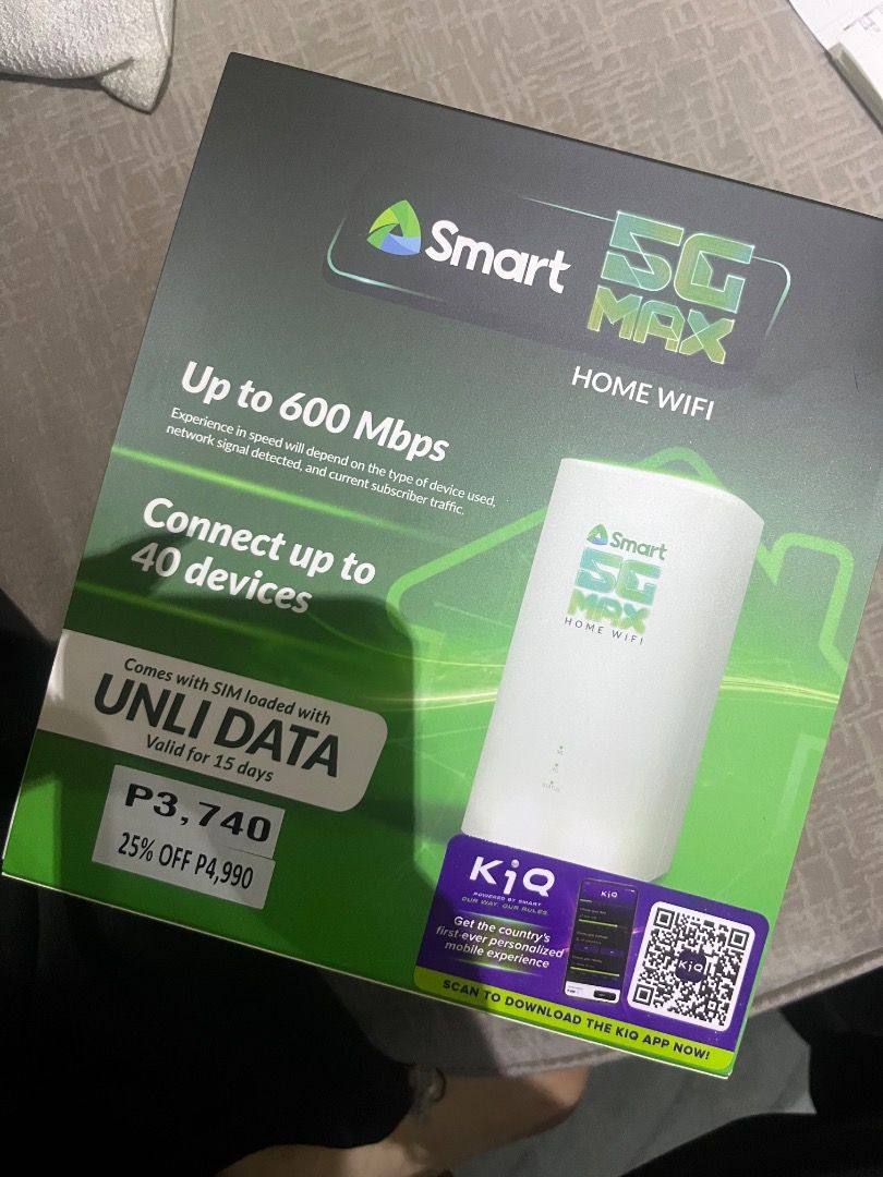 Smart 5G MAX Home WiFi Router with UNLI DATA (Category: Networking) located in Manila. Submitted by adie4103_3 (Listing ID 1463588365, Image 1). Description: - Experience up to 600 Mbps speeds with Smart 5G MAX Home WiFi. - Connect up to 40 devices simultaneously. - Comes with UNLI DATA, valid for 15 days. - Download the KiQ app for a personalized user experience. - Original Price: P4,990 - Sale Price: P3,740 - Selling Price: 3,000 -Only used for