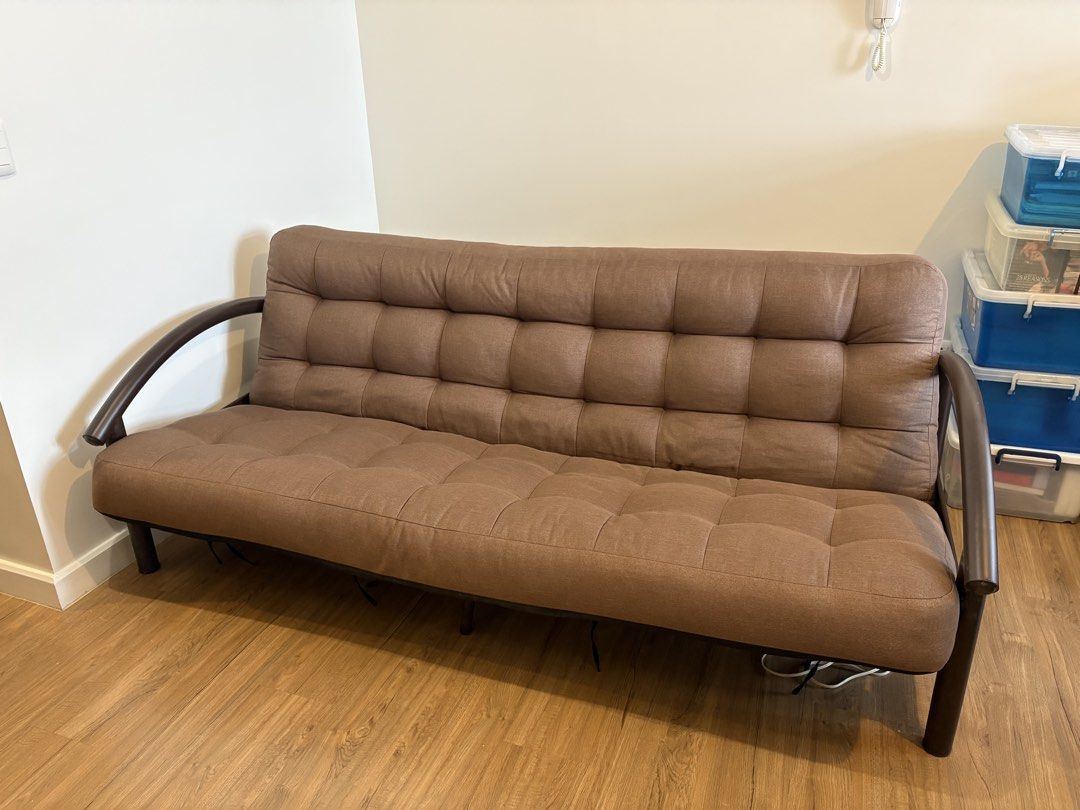 Sofa Bed with Metal Frame (Category: Sofas) located in Quezon City. Submitted by katrinadlopez (Listing ID 1463639387, Image 1). Description: Sofa bed with metal frame. Newly professionally deep cleaned. When unfolded, the bed is around the size of a twin/double Bought for around P17k; selling for P10k (negotiable) Approximate measurements Length: 76.5 inches Including bars: 81 inches Width: (wall to front of couch) 35 inches If sofa bed unfolded