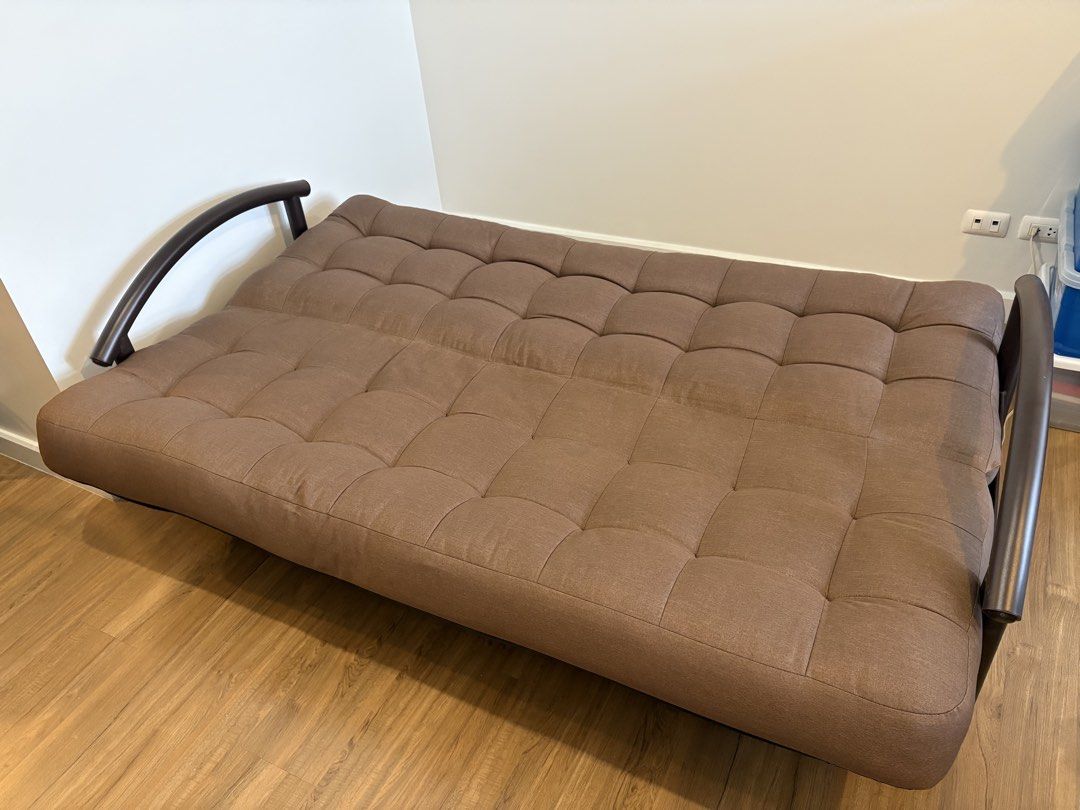 Sofa Bed with Metal Frame (Category: Sofas) located in Quezon City. Submitted by katrinadlopez (Listing ID 1463639387, Image 2). Description: Sofa bed with metal frame. Newly professionally deep cleaned. When unfolded, the bed is around the size of a twin/double Bought for around P17k; selling for P10k (negotiable) Approximate measurements Length: 76.5 inches Including bars: 81 inches Width: (wall to front of couch) 35 inches If sofa bed unfolded