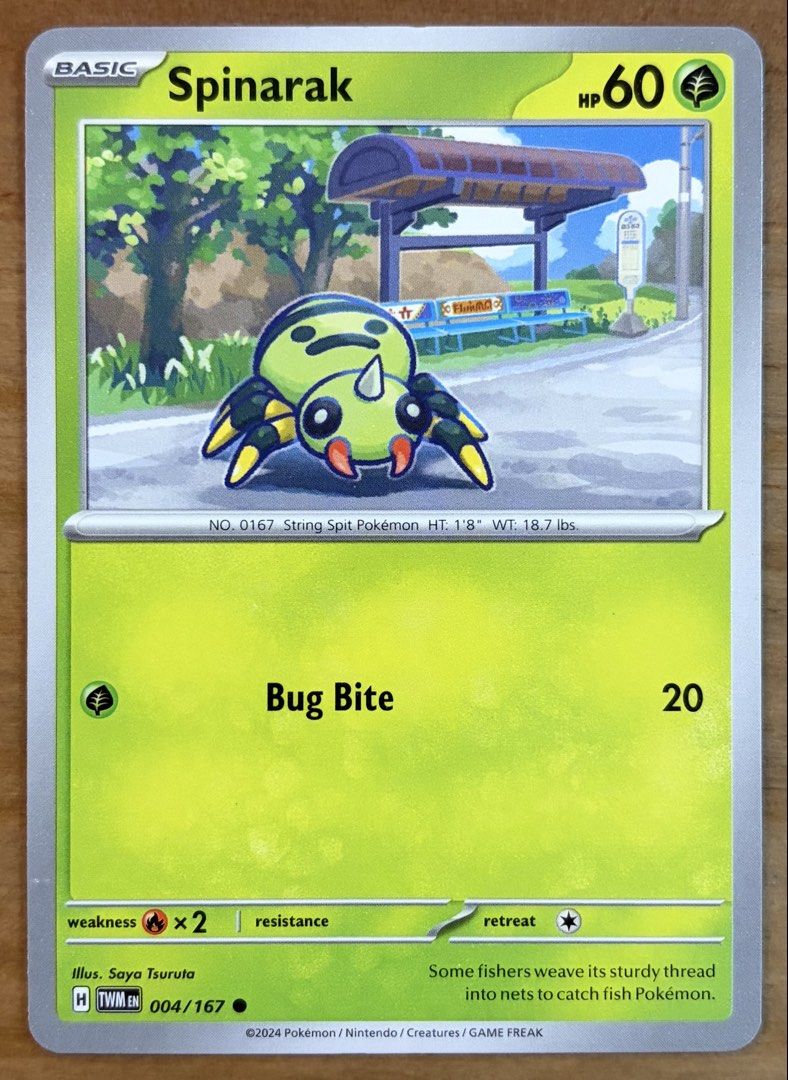 Spinarak | Pokemon Cards ~ Twilight Masquerade (Category: Raw Singles) located in Makati City. Submitted by cardlab (Listing ID 1463575711, Image 1). Description: Items are 💯 authentic/original/legit. About The Card: •Language: EN • Number: 004/167 • Common • Normal FOR: • Cards ₱99 and below with Card Sleeves • Cards ₱100 and up with Card Sleeves and Used Toploader • ₱10 for Bnew Tops Packaging (If Shipping): ✔️ Plastic cover ✔️ Cardboard ✔️ Bu