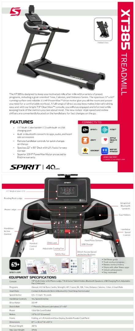 Spirit XT385 Treadmill - 40 Years Edition (Category: Cardio & Fitness Machines) located in Caloocan City. Submitted by fitness.source.ph (Listing ID 1463579604, Image 1). Description: - Spirit XT385 Treadmill - Ideal for home workouts. - 7.5" Multi-Color LCD Console - Bluetooth Connectivity - Syncs with fitness apps - Spacious 22" x 60" Running Deck - Powerful 3.5 HP Motor - Easy Folding and Storage - Perfect for cardio and endurance training..