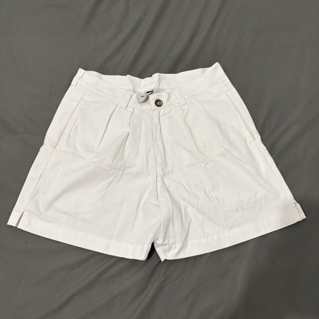 St. Eazy White Pleated Shorts Size L (Category: Shorts) located in Makati City. Submitted by sseurekiii (Listing ID 1463721178, Image 1). Description: - Brand: St. Easy - Color: White - Style: Pleated Shorts - Size: Large - Features: Embroidered St. Easy logo on left leg, two buttoned back pockets - Closure: Classic button and zip front - Occasion: Great for casual wear.